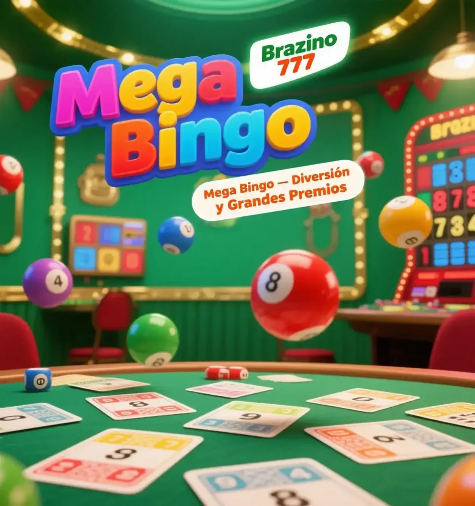 Mega Bingo de Brazino777 con bolas numeradas y cartones para jugar online
